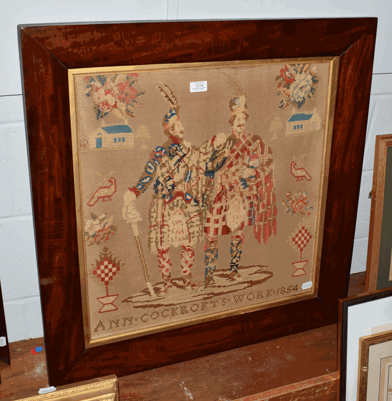 A Victorian woolwork picture in cushioned mahogany frame, portrait of a pair of Highlanders and