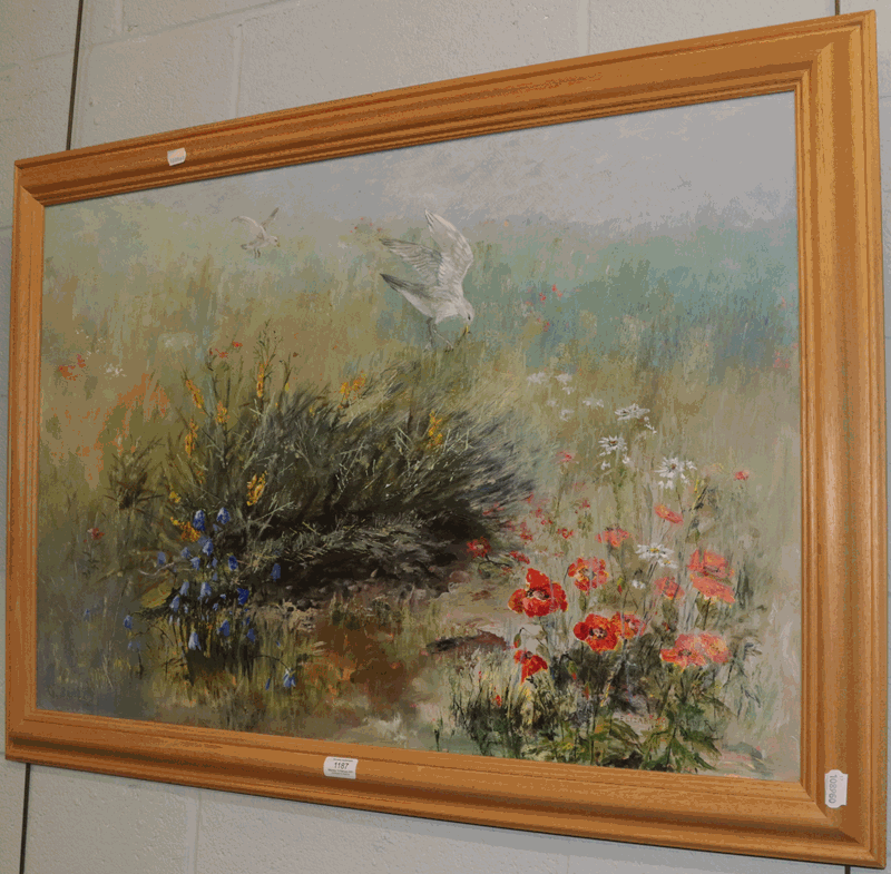 Elizabeth Alder, oil on canvas, birds amongst poppy fields, 60cm by 90cm