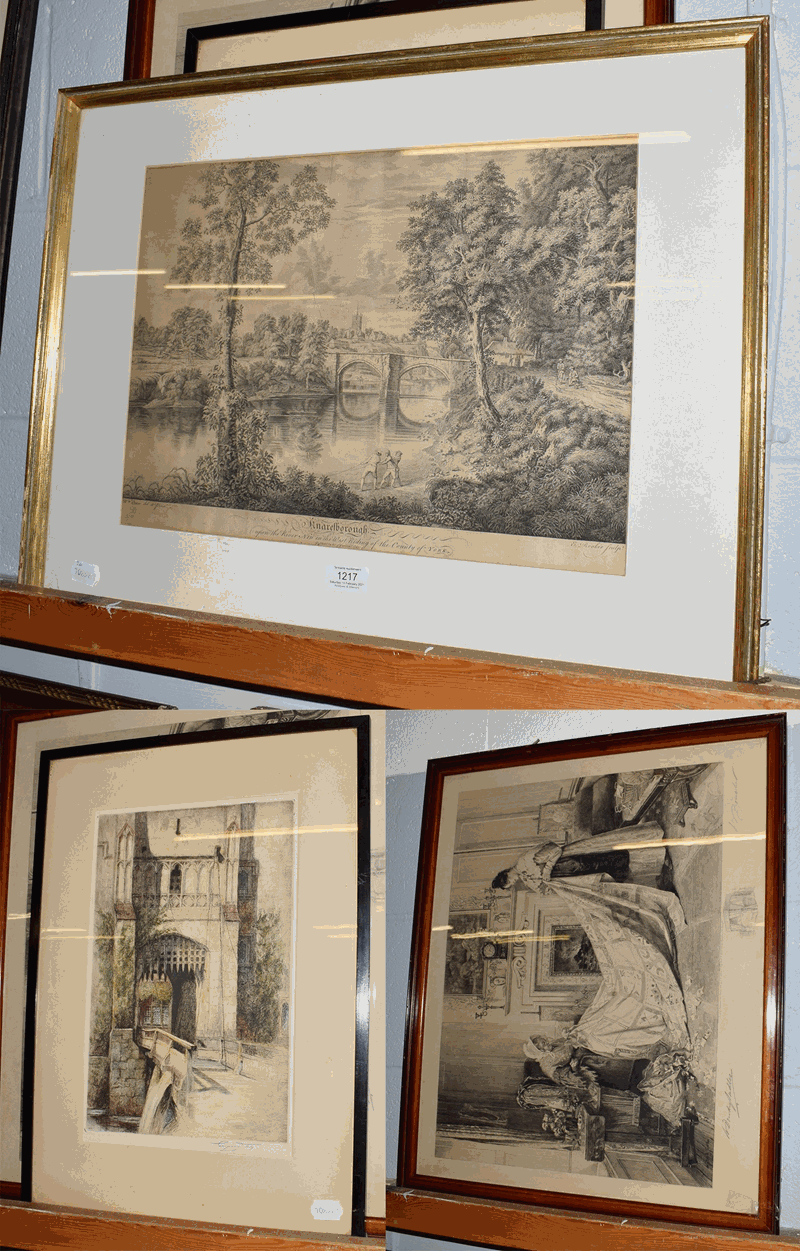 A group of 18th and 19th century prints, Knaresborough 32cm by 44cm, Hever Castle and 'Nearly