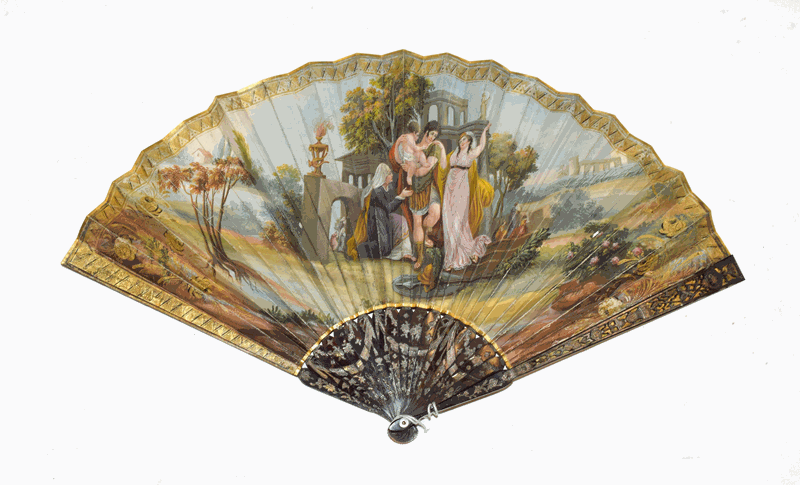 19th century fan on tortoiseshell sticks, with velum mount hand painted with three figures and a