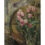 * O (20th century) ''Tulips'' Indistinctly signed, fragments of old label verso, oil on canvas, 52cm
