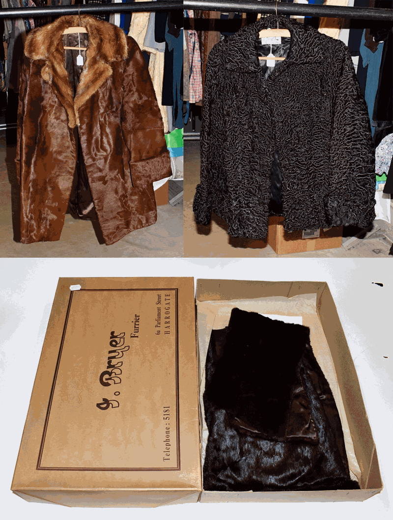 Brown hide Jacket with musquash collar, brown ermine stole, J Bryer black astracan short jacket (