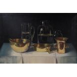 *S T (20th/21st century) Still life of assorted vessels and brassware Indistinctly signed, oil on