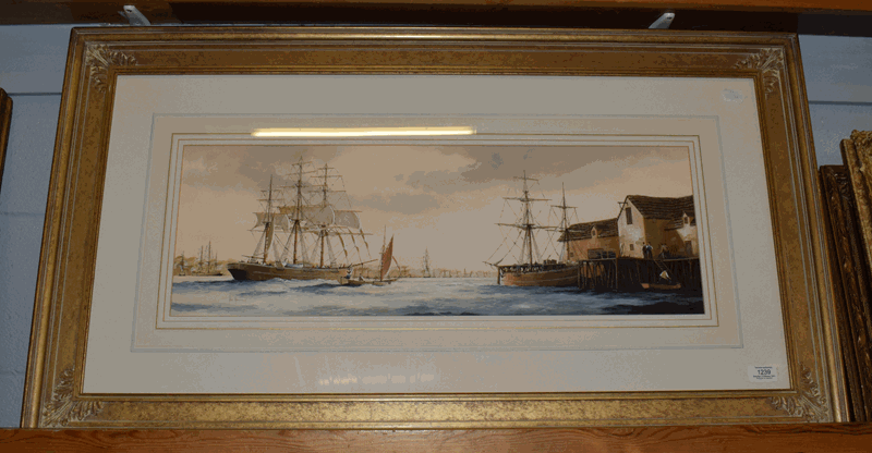 Ken Hammond (b.1948) Shipping scene in an English port, signed, gouache, 23.5cm by 69cm