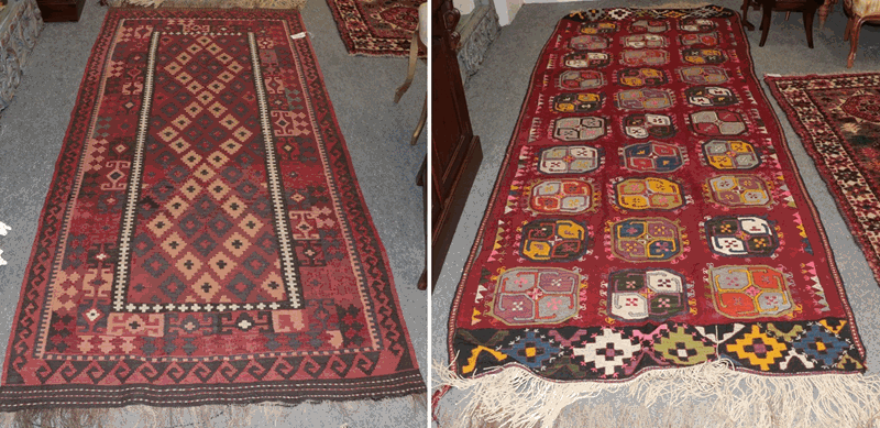 Afghan Uzbek flat weave rug, the raspberry field with three columns of guls enclosed by saw tooth