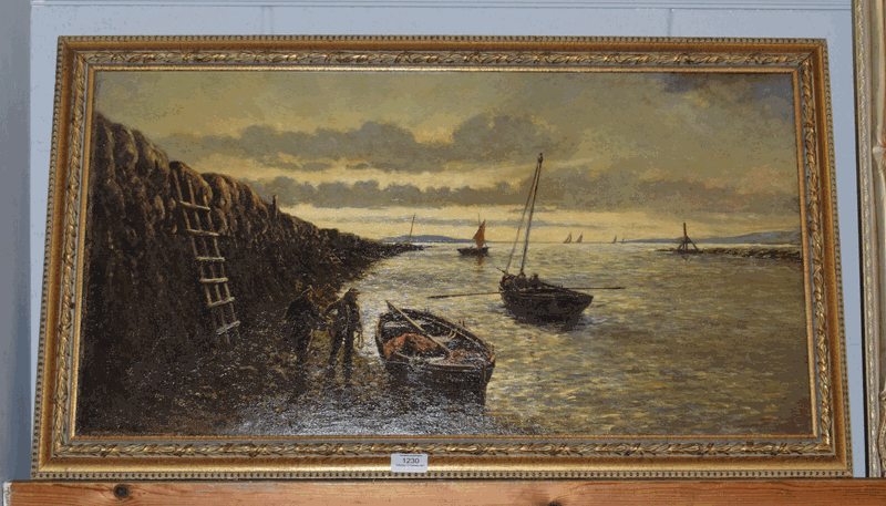 Alex Finlay, Fishing boats in blue harbour, oil on canvas, dated 1877, 40cm by 77.5cm