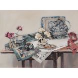 Ethel Walker (Contemporary) Scottish ''Table with cerise carnations'', 1992 Signed, watercolour,