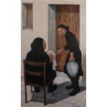 Elizabeth Wright (1928-2015) Two Spanish ladies going about their daily work Signed, oil on board,