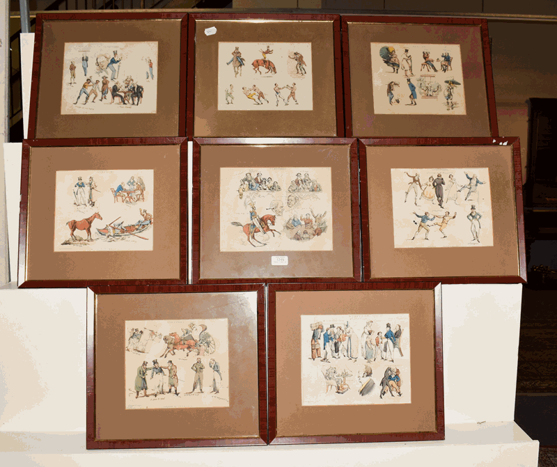 After Henry Alken, eight framed caricature pictures entitled 'Symptoms'