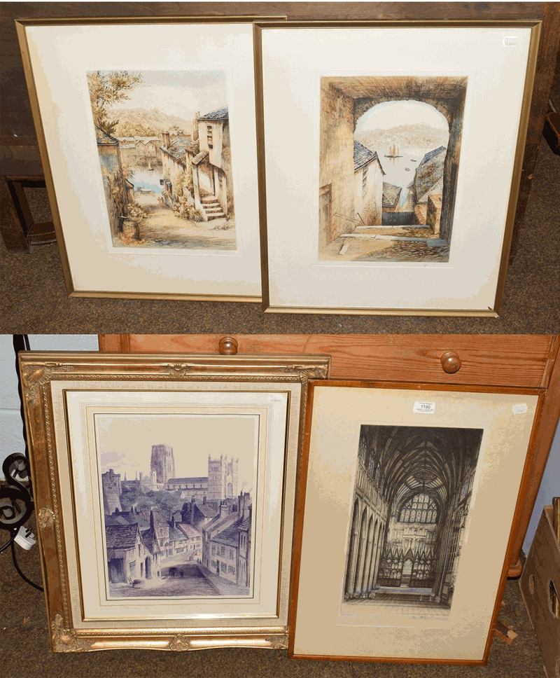 Three coloured etchings including a Cathedral interior, four monochrome etchings and a gilt framed