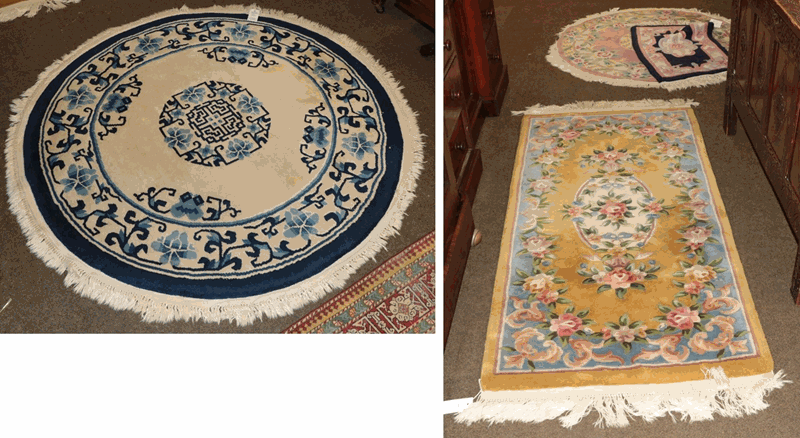 Circular Chinese Rug, the ivory field with lotus flower medallion framed by similar borders,