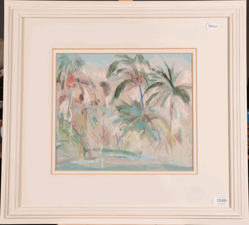 Irene Lesley Main (b.1959) Scottish ''Palm Trees, West Gulf Beach'' Signed and dated 1987, mixed - Image 2 of 7