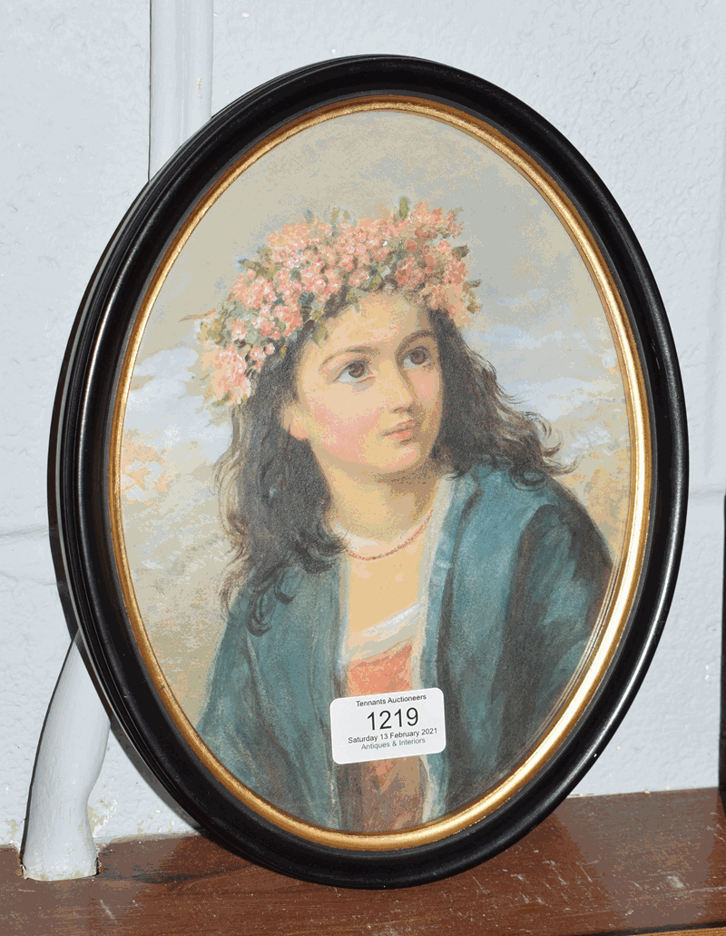 Adelaine Burgess (fl.1857-1886), 'the May Wreath, watercolour, label verso, 23cm by 17cm