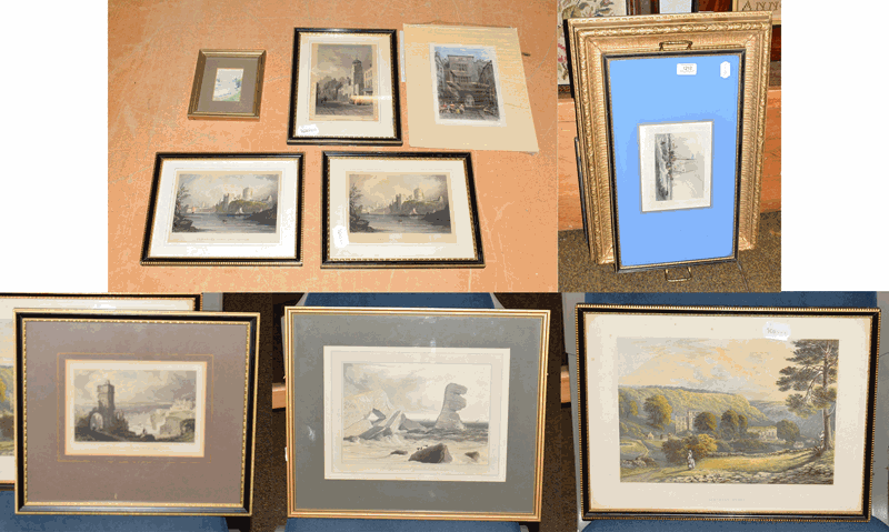 A collection of late 19th and early 20th century prints, including sea views and landscapes,