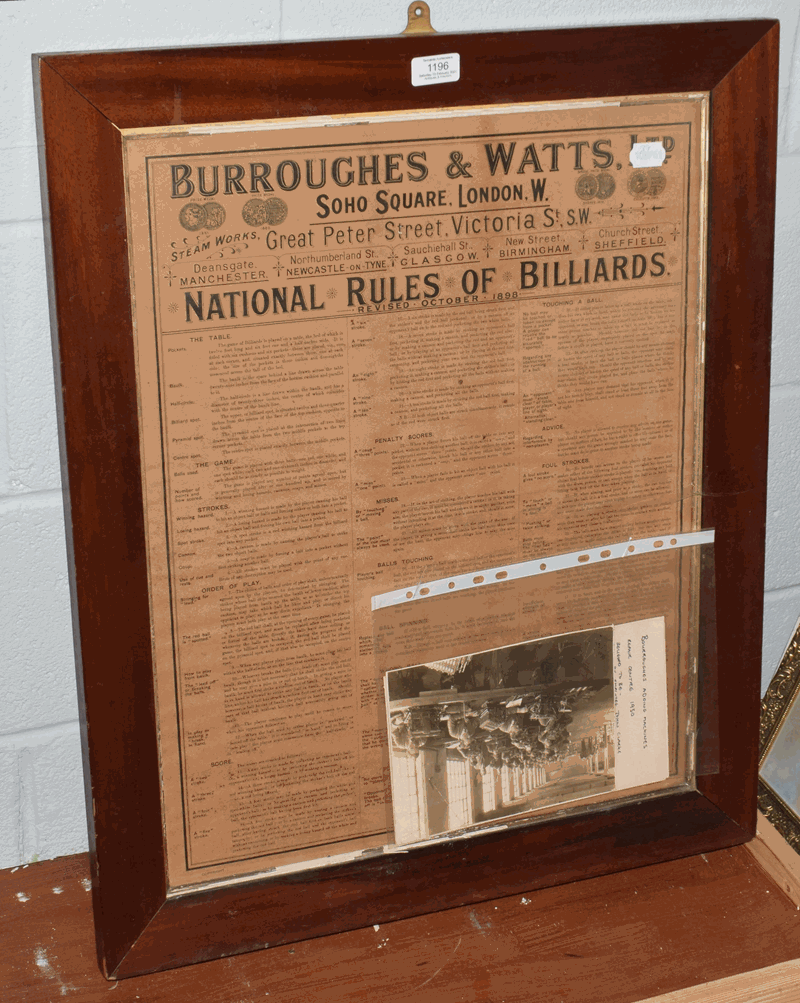 Burrows & Watts Ltd, National rules of billiards in mahogany frame together with a monochrome