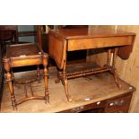 A mahogany drop leaf sofa table with leather inset top together with a walnut occasional table,