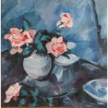 Anne Mendelow (b.1945) Still life of pink roses in a blue vase Signed, oil on canvas, 48cm by 48cm