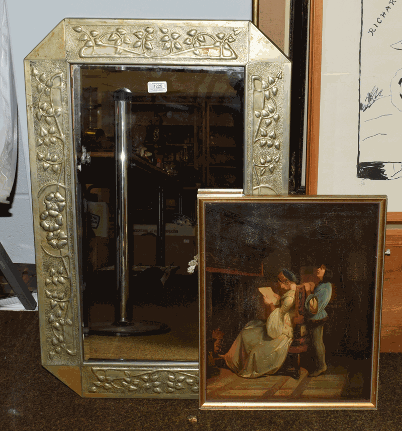 A brass Arts & Crafts bevel mirror together with an oil on board interiors scene, monogrammed DM (