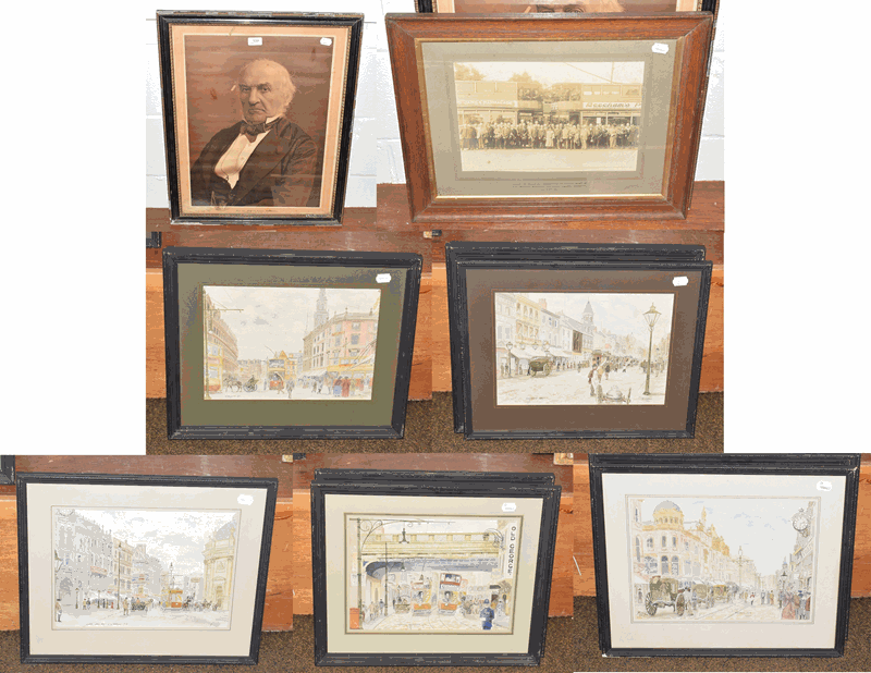 A mixed lot to include five watercolours by R Stephens, signed and dated 1987 of Edwardian street