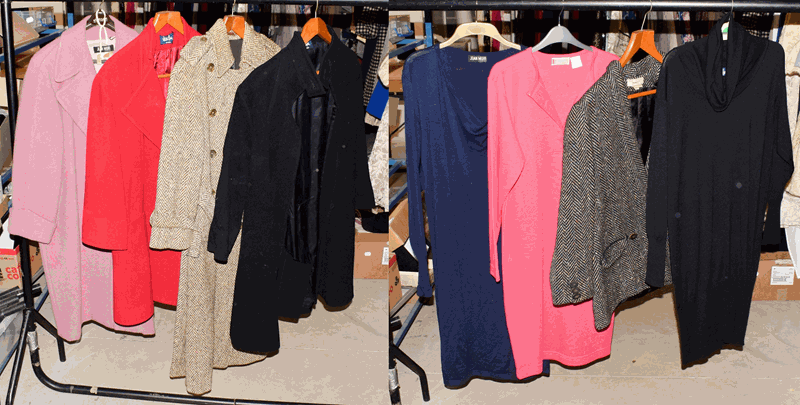 Modern ladies costume, including three Jean Muir wool coats in pink, red and black, Jean Muir