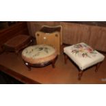 Four footstools, one with casework top, two upholstered and one with tooled leather (4)