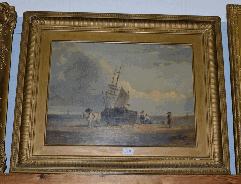 Follow of William Shayer (1787-1879), fisher folk on a shore loading a horse drawn cart, oil on