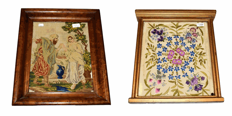 A decorative silk embroidery of pansies and cornflowers, worked on a cotton canvas, in a gilt frame,