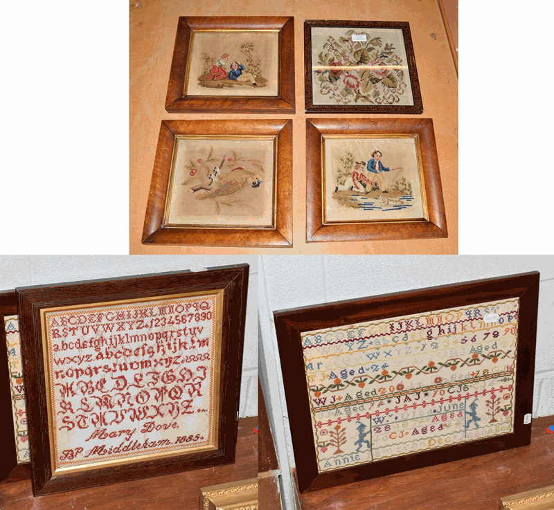 Two Victorian framed woolwork samplers, along with four other framed woolwork pictures (6)