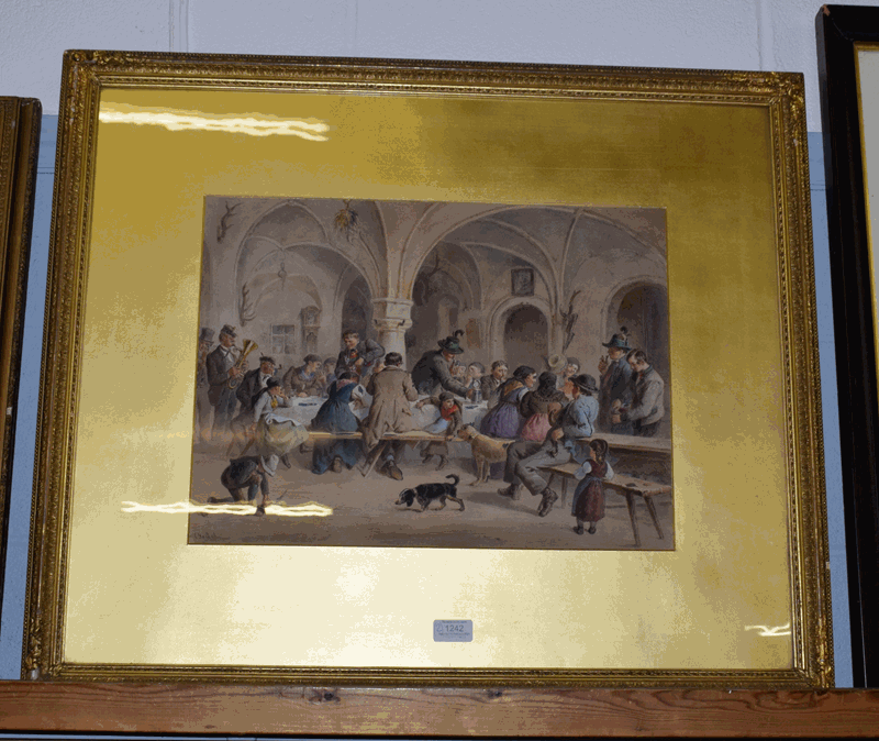 Carl Goebel (1824-1899) Austrian, a tavern scene with figures, musicians and children merry