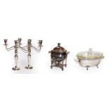 A Victorian silver plated samovar, pair of three-light silver plated candelabra, together with a