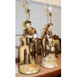A large pair of painted plaster figural lamps, probably Austrian, formed as figures, 67cm to the top