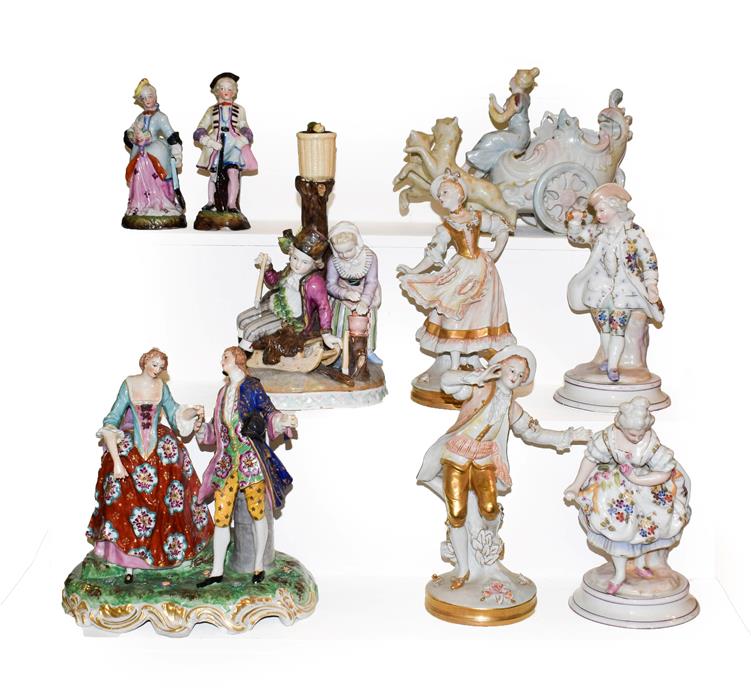 A tray of Continental porcelain figures including a Samson group after Derby, Sitzendorf figural