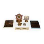 A tray of collectables comprising two whist markers, two bridge markers, Johnnie walker tape