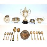 A tray of assorted silver to include a twin handled trophy by Thomas William Lack, London, 1930,