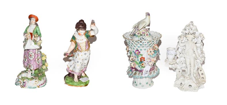 A Sampson pot pourri jar and cover after Derby 25.5cm high, a similar Chelsea style figure of a