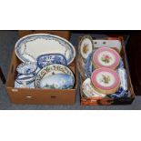 Two boxes of pottery and china, including Royal Copenhagen vase, 19th century printed blue and white