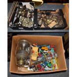 Three boxes of assorted metal wares, mainly silver plate, including a pair of table candlesticks,