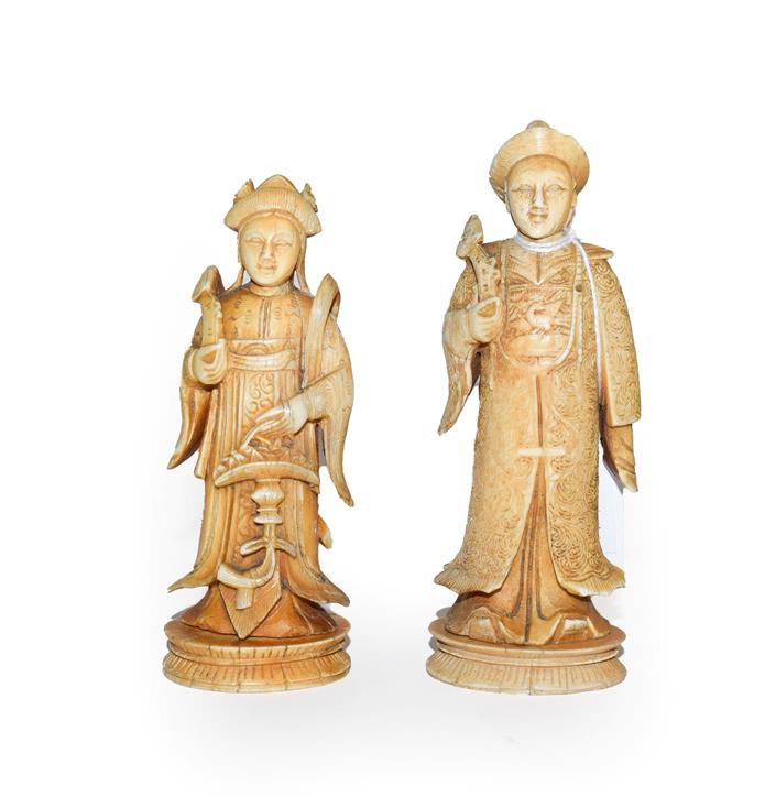 Two 19th century Cantonese ivory chess pieces, tallest 11cm high (2)
