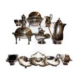 A tray of assorted silver plated wares including two butter coolers, hot water jug with rattan