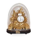 A 19th century French gilt metal cased timepiece, under glass dome, 35cm high including dome