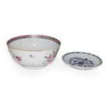 An 18th century Chinese famille rose bowl, 20cm diameter by 10cm high and a Tek Sing Cargo blue