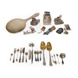 A collection of assorted silver and silver plate items, including a silver mounted scent bottle,