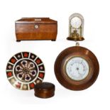 A tray of assorted including 18th century straw work box, oak tea caddy, wheel barometer, Royal