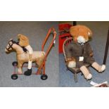 A dolls country Windsor chair, a soft toy formed as a fox with label for Liz Robson, another as a
