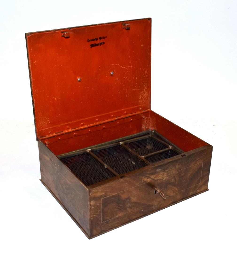 A World War II German Third Reich grain simulated tole ware metal strong box, marked Deuteche - Image 2 of 2