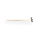 A diamond and cultured pearl stickpin, the cultured pearl flanked by two old cut diamonds, in