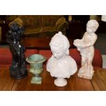 Decorative items including a bronzed composite maiden, glazed pottery cherub 62cm high, metal urn