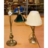 A Victorian brass adjustable desk lamp with green glass shade, 61.5cm high together with a Laura