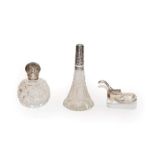 Three silver-mounted glass items, comprising: a globular scent bottle, the silver cover by John