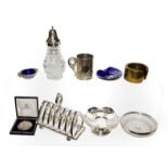 A collection of silver and silver plate, the silver comprising a pedestal dish with pierced
